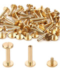 Premium Brass Chicago Binding Screws 4mm X 18mm With 10mm Phillips Nuts 25 Piece displayed in a pile on a white background.