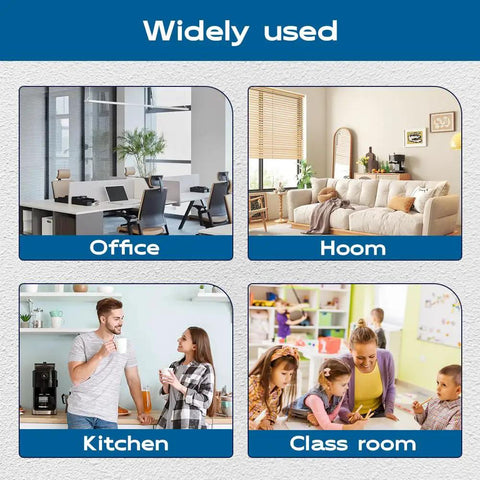 Image showing four usage areas: office with desks, living room with couch, kitchen with people, and classroom with children.