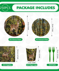 Deer Hunting Party Tableware Set For Men And Women, 250 Pieces Camouflage Forest Theme Serves 50 Guests shown with included items.