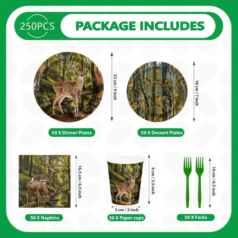Deer Hunting Party Tableware Set For Men And Women, 250 Pieces Camouflage Forest Theme Serves 50 Guests shown with included items.