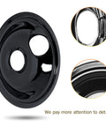 Black Porcelain Drip Pan Set 4 Pack Replacement For Frigidaire Electric Range Stove Burners 5304430149 5304430150, close-up view