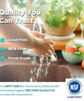 Person washing hands at kitchen sink with focus on water quality text regarding 5-Micron Sediment Water Filter For Whole House Filtration.