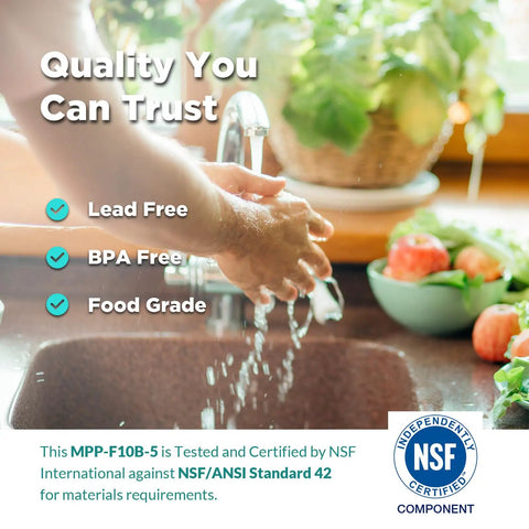 Person washing hands at kitchen sink with focus on water quality text regarding 5-Micron Sediment Water Filter For Whole House Filtration.