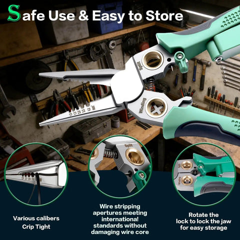 8-In-1 Wire Crimper Stripper With Voltage Tester And Dual Alarms, Heavy-Duty 12-250V AC DC Tester For Hot And Neutral Wires, The Go-To Electrician HVAC And Car Repair Tool For Stripping Crimping Cutting And Testing, open jaws and storage lock