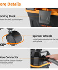 Heavy Duty 4 Gallon Wet Dry Shop Vacuum With 5.5 Peak HP Blower Function Portable showing locking block, spinner wheels, and hose connector details.