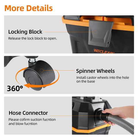 Heavy Duty 4 Gallon Wet Dry Shop Vacuum With 5.5 Peak HP Blower Function Portable showing locking block, spinner wheels, and hose connector details.