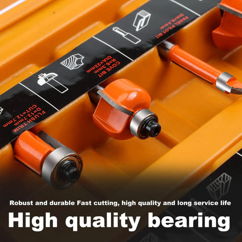 Close-up of Multi Purpose Router Bit Set For Woodworking 15 Piece Kit With 1 Quarter Inch Shank showing carbide bits