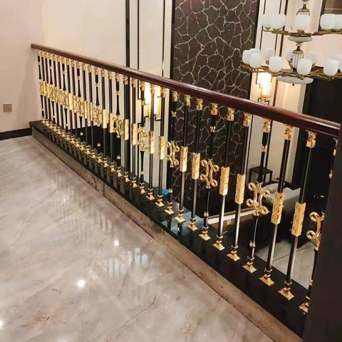 Slick Beefy Adjustable Metal Balusters And Stair Railing Spindles No Sweat Custom Angle Mount With Aluminum Base Heavy Duty Guardrail System 10 Piece Kit For Porches Garages And Modern Home Staircases in gold finish.
