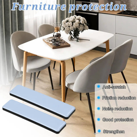 Self Adhesive PTFE Furniture Sliders 8 Pack Rectangle Glides Move Heavy Gear Smooth As Butter Chair Pads For Carpet And Hardwood Floors Zero Scuff Hassle Free Moving on a dining area floor.