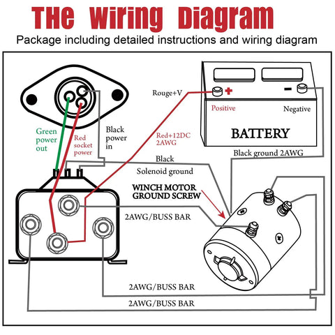 Wiring diagram for 12V Winch Corded Manual Remote Control Kit, including battery and solenoid connections.