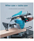 Heavy Duty Woodworking Table Saw With Miter Guide And Aluminum Rail 1650W Motor cutting wood plank on miter saw.