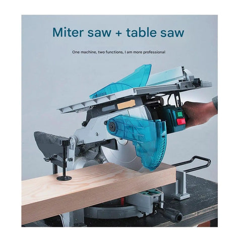 Heavy Duty Woodworking Table Saw With Miter Guide And Aluminum Rail 1650W Motor cutting wood plank on miter saw.