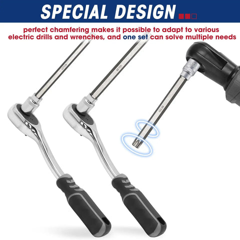 15-Piece 3/8 Inch Drive Extra Long Torx Socket Set T10 Through T60, showing long reach sockets and universal joint in use