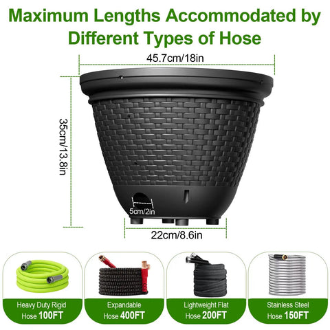 Must Have Decorative Wicker Garden Hose Pot Hideaway That Keeps Hoses Tidy For Outdoor And Garage Hose Holder Fits 100 To 400 Feet Hoses With Five Drain Holes Large Capacity Assembly Required Black shown with dimensions