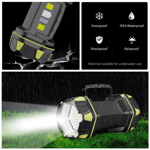 Beast Mode LED High Power Rechargeable Flashlight Lantern with 8 Modes displayed in a waterproof setting with spotlight on grass.