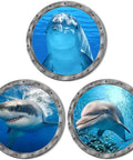 9 Piece Ocean Animals Wall Sticker Set With 3D Look featuring a dolphin and shark in round porthole designs for underwater vibe.