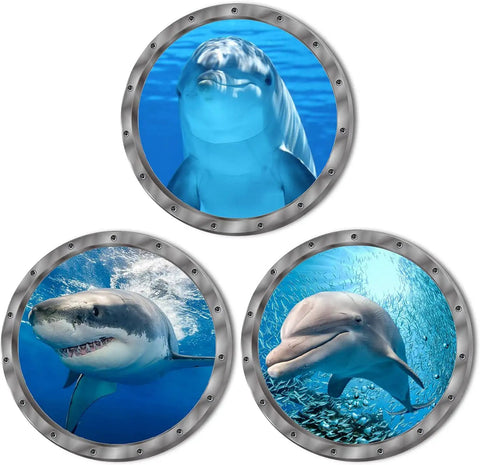9 Piece Ocean Animals Wall Sticker Set With 3D Look featuring a dolphin and shark in round porthole designs for underwater vibe.