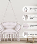 Macrame Hammock Chair With Cushion And Hardware Kit For Indoor And Outdoor Chill Boho Swing Seat For Patio Balcony Porch Or Bedroom Beige Easy To Install Lightweight And Portable For Anywhere showcased in airy room