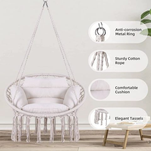 Macrame Hammock Chair With Cushion And Hardware Kit For Indoor And Outdoor Chill Boho Swing Seat For Patio Balcony Porch Or Bedroom Beige Easy To Install Lightweight And Portable For Anywhere showcased in airy room