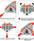 Step-by-step guide for using 10 Pack T Shape Lever Nut Wire Connector Set For Quick 3 Way Splitter 28-12 AWG Solid And Stranded Wire.