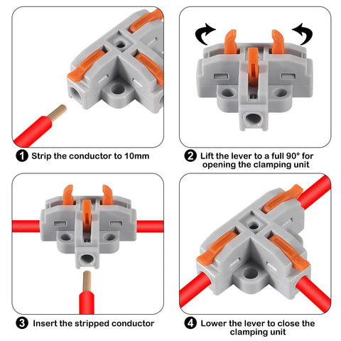 Step-by-step guide for using 10 Pack T Shape Lever Nut Wire Connector Set For Quick 3 Way Splitter 28-12 AWG Solid And Stranded Wire.