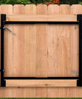 Heavy Duty Full Frame Gate Kit With Steel Hardware And Patented Truss Cable System For Openings 36 To 60 Inches And Heights 3 To 4 Feet Prevents Gate Sagging And Keeps Your Fence Gate Solid And Aligned, shown installed on a wooden gate