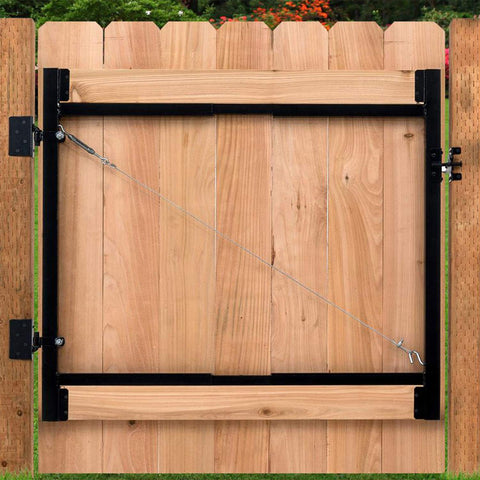 Heavy Duty Full Frame Gate Kit With Steel Hardware And Patented Truss Cable System For Openings 36 To 60 Inches And Heights 3 To 4 Feet Prevents Gate Sagging And Keeps Your Fence Gate Solid And Aligned, shown installed on a wooden gate