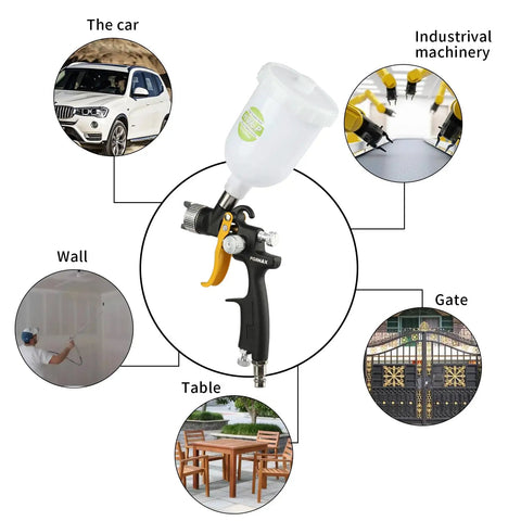 Pro Grade HVLP Gravity Feed Paint Spray Gun With 1.8 Mm Fluid Needle And 600Cc Cup used for auto bodywork and furniture painting.
