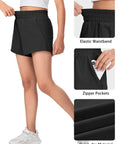 Girls Athletic Shorts With Liner Quick Dry Running Soccer Shorts With Zip Pockets For Kids Active Sports Volleyball 11 To 12 Years Black