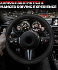Premium Microfiber Leather Steering Wheel Cover With Non Slip Grip Reinforced Stitching Universal Fit For 14.5 To 15 Inch Cars Black Exterior in a car interior.