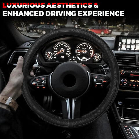 Premium Microfiber Leather Steering Wheel Cover With Non Slip Grip Reinforced Stitching Universal Fit For 14.5 To 15 Inch Cars Black Exterior in a car interior.