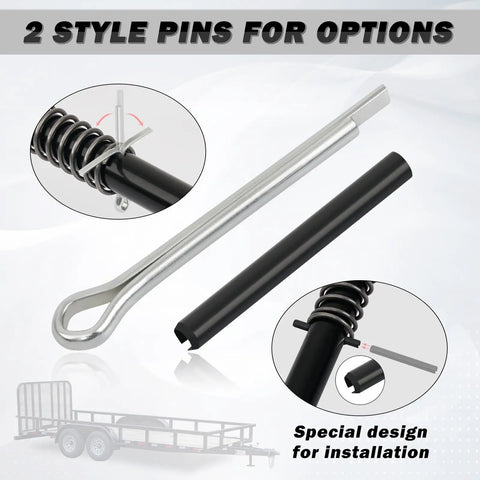Heavy Duty Trailer Gate Spring Latch Kit With Extra Pins 2 Pack For Carry On And Utility Trailers Includes L Shaped Retainer Pins Springs And Roll Pins Durable Iron Construction For Quick Gate Repair showcasing two style pin options and installation design.