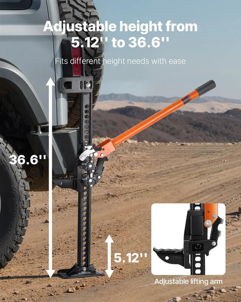 VEVOR 42 Inch Farm Jack 7000 Lbs High Lift Utility Ratchet Off Road Heavy Duty Truck Tractor SUV Jeep Recovery Winch Clamp Pull Tool 5-36 In Range with adjustable height from 5.12 to 36.6 inches.