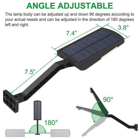 Diagram explaining angle adjustment for Solar Powered Outdoor LED Lights With Motion Sensor, 48 LEDs Flood Light, Waterproof Security Lighting