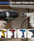 All In One Internal And External Pipe Threading Kit For One Half Inch Three Quarter Inch And One Inch PVC Pipes Heavy Duty Alloy Steel Electric Drill Compatible Includes Storage Case For Plumbing And Home Repair shown with electric drill in use on PVC