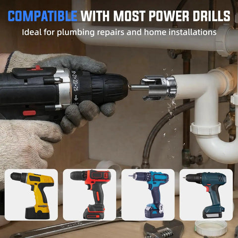 All In One Internal And External Pipe Threading Kit For One Half Inch Three Quarter Inch And One Inch PVC Pipes Heavy Duty Alloy Steel Electric Drill Compatible Includes Storage Case For Plumbing And Home Repair shown with electric drill in use on PVC