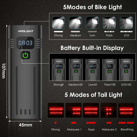 Ridiculously Bright 10000 Lumen Bike Light With 8 LEDs Five Modes USB Rechargeable Headlight modes and battery display chart.