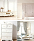 Stylish home decor featuring white furniture, including cabinet and drawer units, with clean lines and elegant details.
