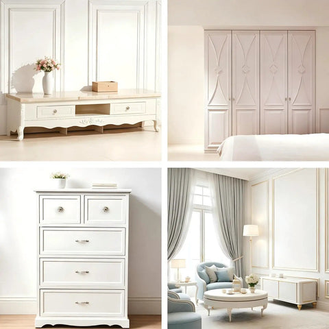 Stylish home decor featuring white furniture, including cabinet and drawer units, with clean lines and elegant details.