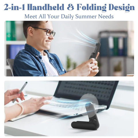 2 In 1 Portable Handheld Fan USB Rechargeable Personal Mini Fan With 8 To 15 Hours Run Time Battery Operated Foldable Pocket Size For Indoor Outdoor Use High Power Airflow Black used by people indoors