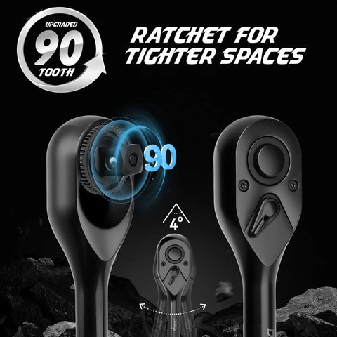 Heavy Duty Three Piece Ratchet Wrench Set Featuring Black Oxide Finish And Ergonomic Handles 1 4 3 8 And 1 2 Inch Drive Smooth Ninety Tooth Fast Swing Heads Garage Staple Built For Any Grease Monkey Job