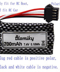 Close-up of Two Pack 7.4V 700mAh Li Ion SM-4P Rechargeable Battery label and cables for RC Boats