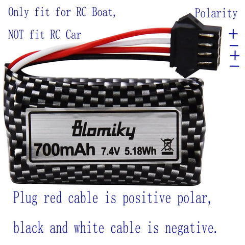 Close-up of Two Pack 7.4V 700mAh Li Ion SM-4P Rechargeable Battery label and cables for RC Boats