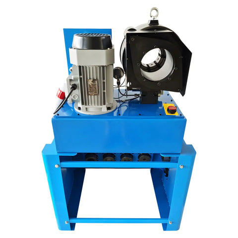Heavy Duty Electric Vertical Hose Crimper With 13 Tough As Nails Dies And Effortless Foot Pedal Control 480V High Pressure Hydraulic Pipe Press Shrinking Machine For Tradesmen side view with motor and control panel