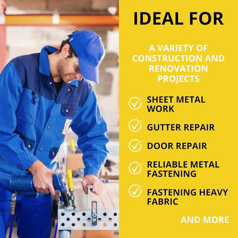 Worker using Beefy 100 Pack Large Flange Aluminum Pop Rivets 3/16 Inch By 3/4 Inch Long Dome Head Blind Rivets for metal fastening.