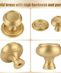 Brushed Gold Solid Brass Cabinet Knobs 5 Pack 1.18 Inch Diameter Drawer Pulls For Kitchen Cabinets And Wardrobes shown in four angles