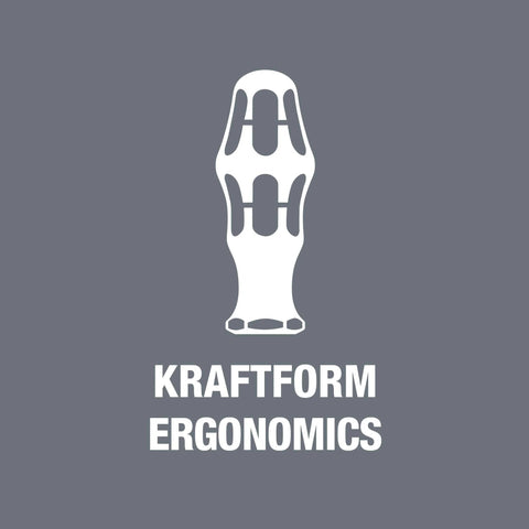 Kraftform ergonomics logo featuring stylized tool handle design on gray background.
