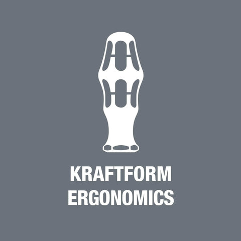 Graphic illustration of ergonomic handle design with 'Kraftform Ergonomics' text on gray background.