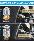 Instructional diagram showing Locking One Quarter Inch FNPT Closed Flow Brass Tire Air Chuck Twin Pack with Quick Connect for Leak Free Shutoff