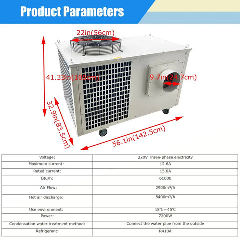 Heavy Duty Portable Industrial Air Conditioner Cranking Out An Insane 61000 Btu H Cooling Rush On 220V 3 Phase Power with dimensions.